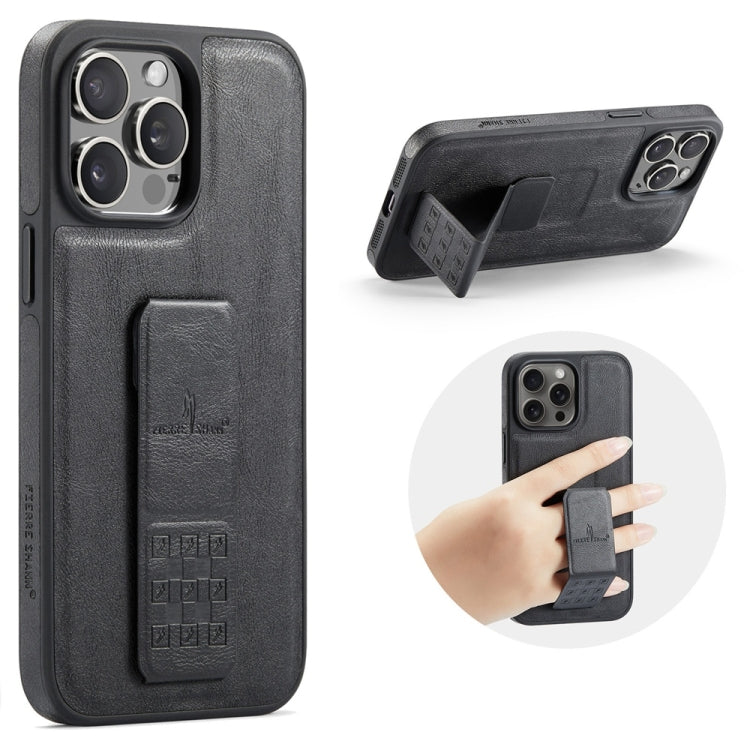 For iPhone 15 Pro Max Fierre Shann Oil Wax Cow Leather Holder Back Phone Case(Black) by FIERRE SHANN