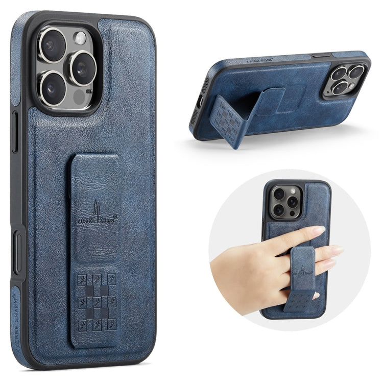 For iPhone 15 Pro Max Fierre Shann Oil Wax Cow Leather Holder Back Phone Case(Blue) by FIERRE SHANN