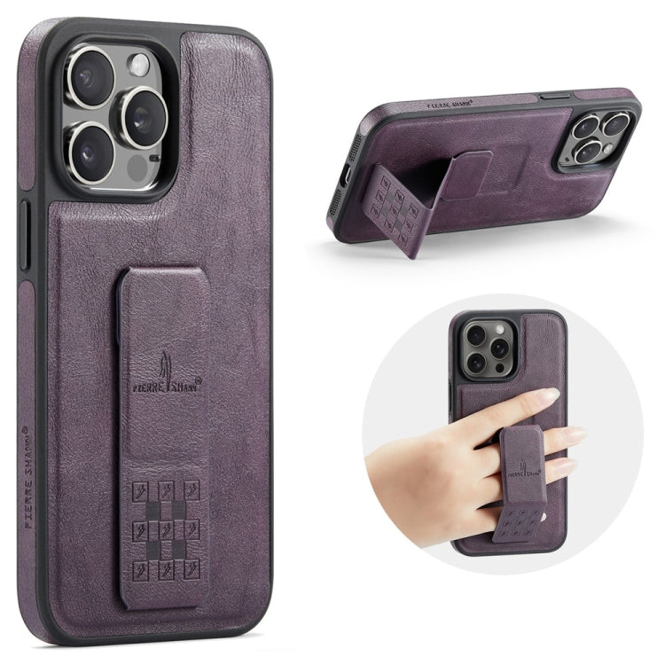 For iPhone 15 Pro Max Fierre Shann Oil Wax Cow Leather Holder Back Phone Case(Purple) by FIERRE SHANN