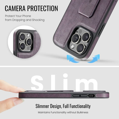 For iPhone 15 Pro Max Fierre Shann Oil Wax Cow Leather Holder Back Phone Case(Purple) by FIERRE SHANN