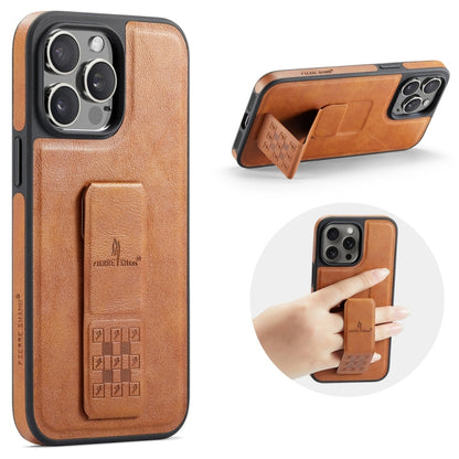For iPhone 15 Pro Max Fierre Shann Oil Wax Cow Leather Holder Back Phone Case(Brown) by FIERRE SHANN