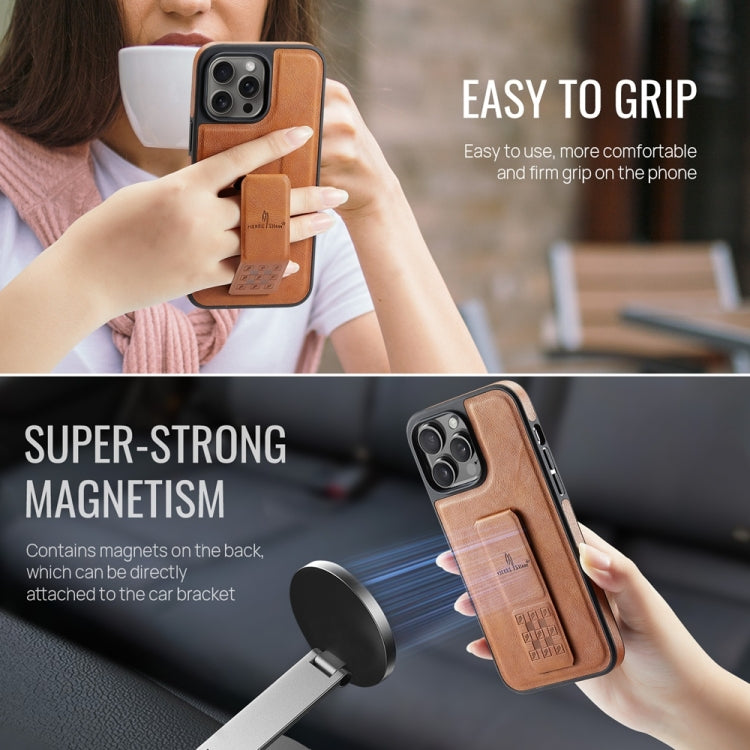For iPhone 15 Pro Max Fierre Shann Oil Wax Cow Leather Holder Back Phone Case(Brown) by FIERRE SHANN