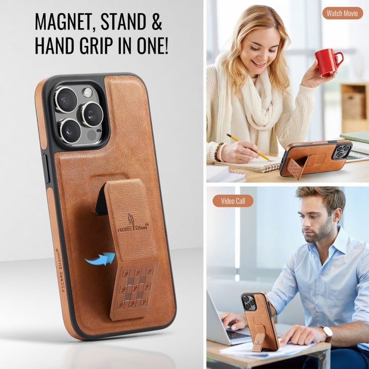 For iPhone 15 Pro Max Fierre Shann Oil Wax Cow Leather Holder Back Phone Case(Brown) by FIERRE SHANN