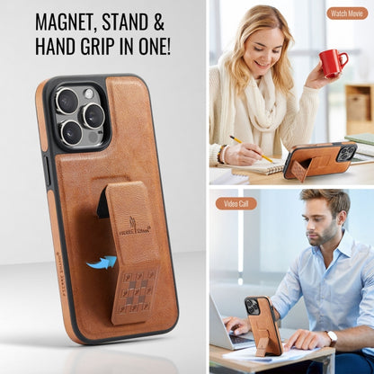 For iPhone 15 Pro Max Fierre Shann Oil Wax Cow Leather Holder Back Phone Case(Brown) by FIERRE SHANN