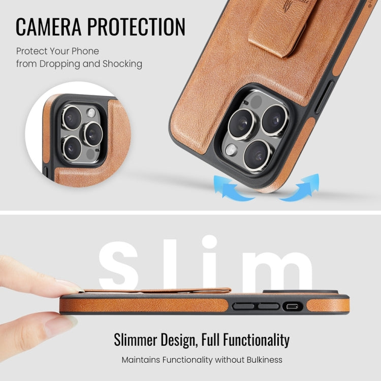 For iPhone 15 Pro Max Fierre Shann Oil Wax Cow Leather Holder Back Phone Case(Brown) by FIERRE SHANN