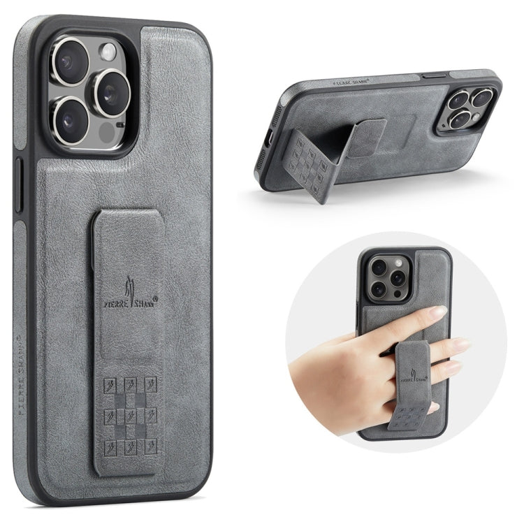 For iPhone 15 Pro Fierre Shann Oil Wax Cow Leather Holder Back Phone Case(Grey) by FIERRE SHANN