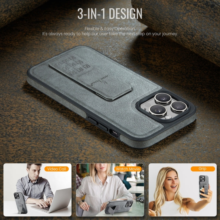 For iPhone 15 Pro Fierre Shann Oil Wax Cow Leather Holder Back Phone Case(Grey) by FIERRE SHANN