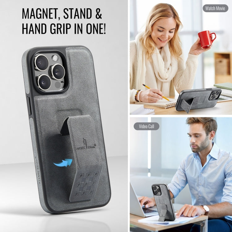 For iPhone 15 Pro Fierre Shann Oil Wax Cow Leather Holder Back Phone Case(Grey) by FIERRE SHANN