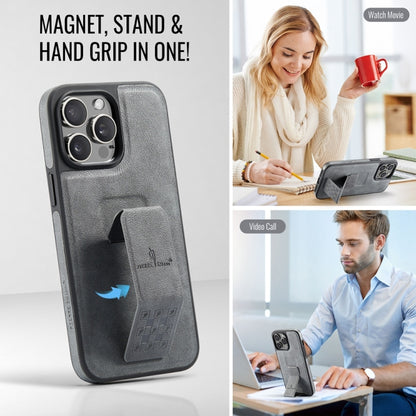 For iPhone 15 Pro Fierre Shann Oil Wax Cow Leather Holder Back Phone Case(Grey) by FIERRE SHANN