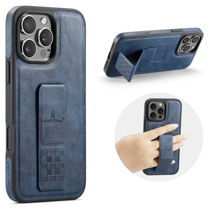For iPhone 15 Pro Fierre Shann Oil Wax Cow Leather Holder Back Phone Case(Blue) by FIERRE SHANN