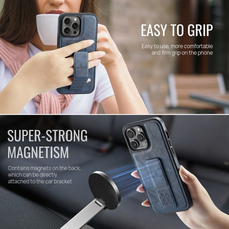 For iPhone 15 Pro Fierre Shann Oil Wax Cow Leather Holder Back Phone Case(Blue) by FIERRE SHANN