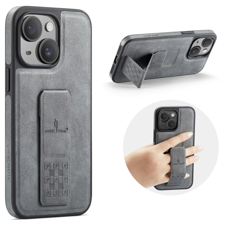 For iPhone 15 Plus Fierre Shann Oil Wax Cow Leather Holder Back Phone Case(Grey) by FIERRE SHANN