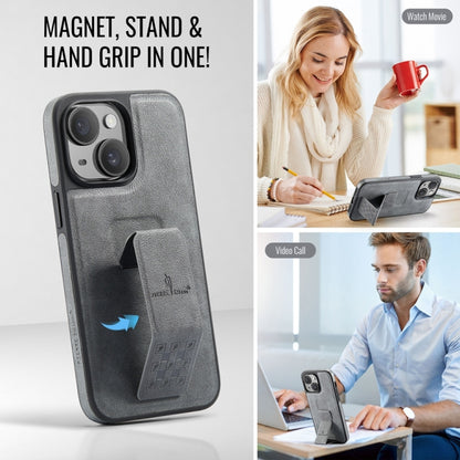 For iPhone 15 Plus Fierre Shann Oil Wax Cow Leather Holder Back Phone Case(Grey) by FIERRE SHANN