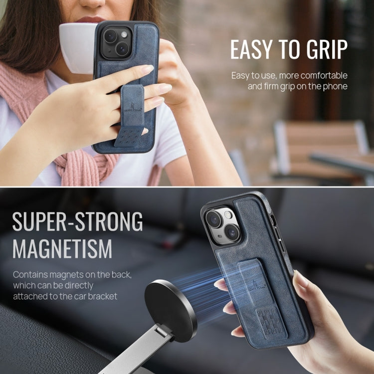 For iPhone 15 Plus Fierre Shann Oil Wax Cow Leather Holder Back Phone Case(Blue) by FIERRE SHANN