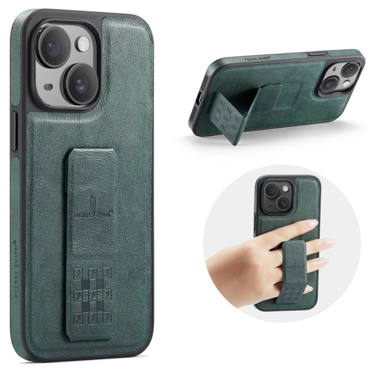 For iPhone 15 Plus Fierre Shann Oil Wax Cow Leather Holder Back Phone Case(Green) by FIERRE SHANN