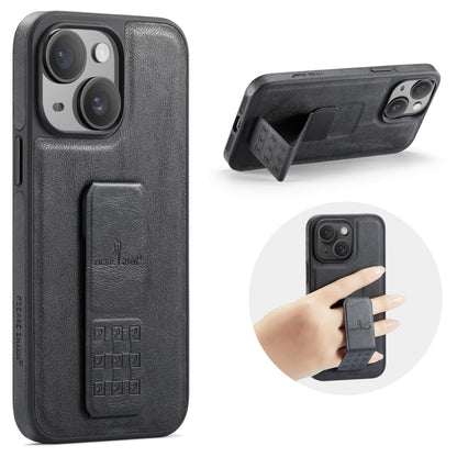For iPhone 15 Fierre Shann Oil Wax Cow Leather Holder Back Phone Case(Black) by FIERRE SHANN
