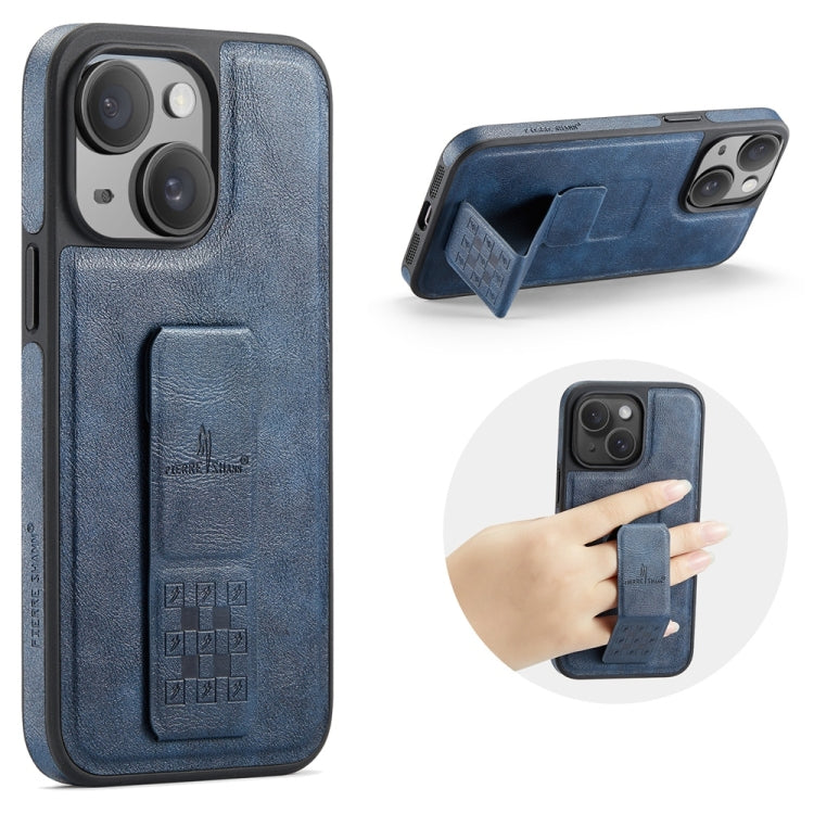 For iPhone 15 Fierre Shann Oil Wax Cow Leather Holder Back Phone Case(Blue) by FIERRE SHANN
