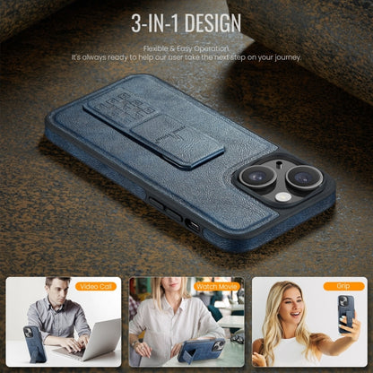 For iPhone 15 Fierre Shann Oil Wax Cow Leather Holder Back Phone Case(Blue) by FIERRE SHANN