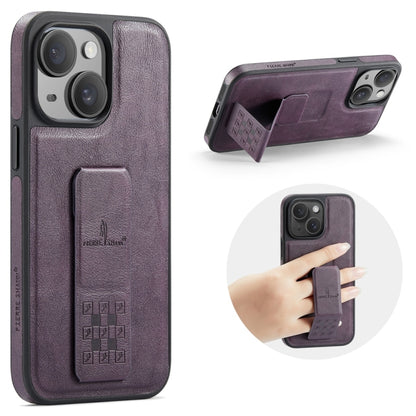 For iPhone 15 Fierre Shann Oil Wax Cow Leather Holder Back Phone Case(Purple) by FIERRE SHANN