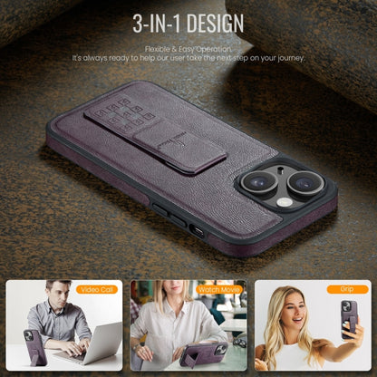 For iPhone 15 Fierre Shann Oil Wax Cow Leather Holder Back Phone Case(Purple) by FIERRE SHANN