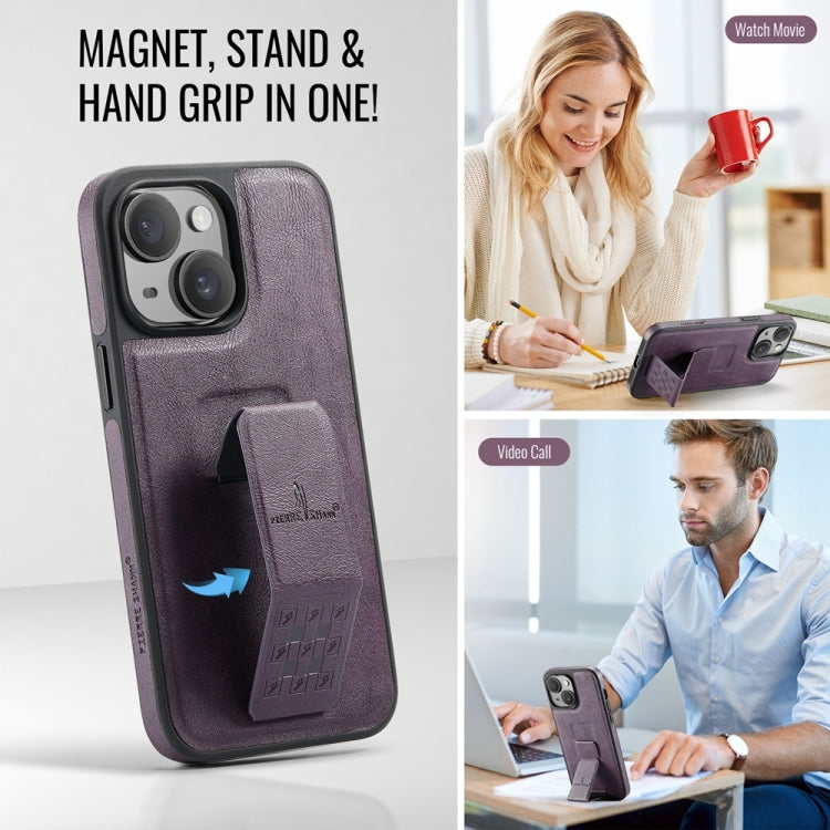 For iPhone 15 Fierre Shann Oil Wax Cow Leather Holder Back Phone Case(Purple) by FIERRE SHANN
