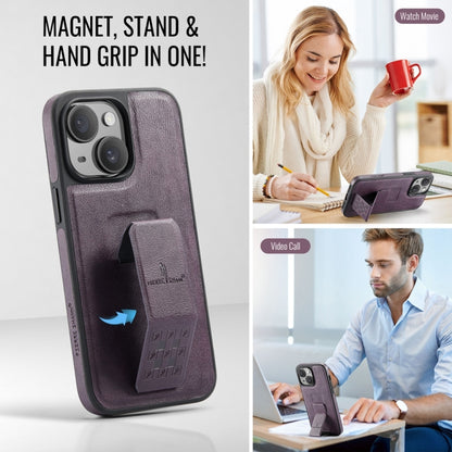 For iPhone 15 Fierre Shann Oil Wax Cow Leather Holder Back Phone Case(Purple) by FIERRE SHANN