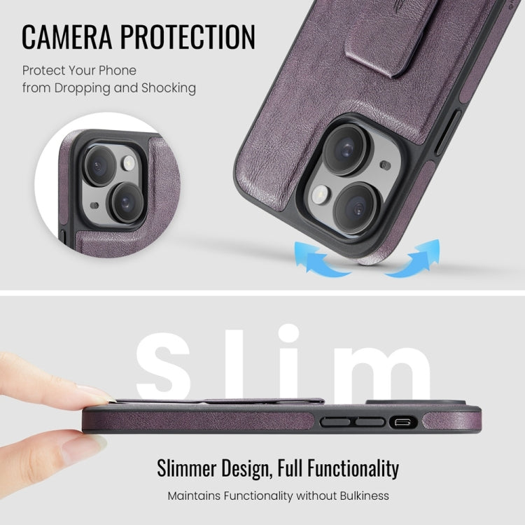 For iPhone 15 Fierre Shann Oil Wax Cow Leather Holder Back Phone Case(Purple) by FIERRE SHANN