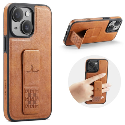 For iPhone 15 Fierre Shann Oil Wax Cow Leather Holder Back Phone Case(Brown) by FIERRE SHANN