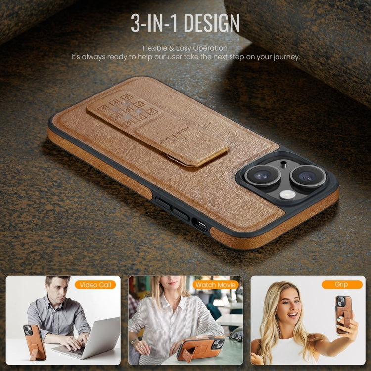 For iPhone 15 Fierre Shann Oil Wax Cow Leather Holder Back Phone Case(Brown) by FIERRE SHANN