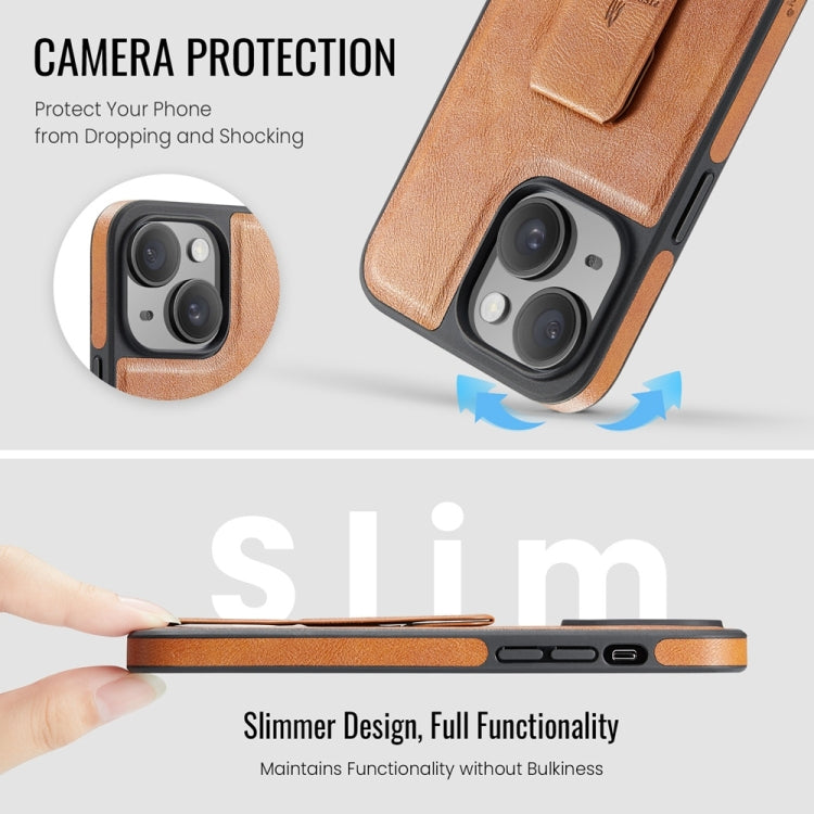 For iPhone 15 Fierre Shann Oil Wax Cow Leather Holder Back Phone Case(Brown) by FIERRE SHANN
