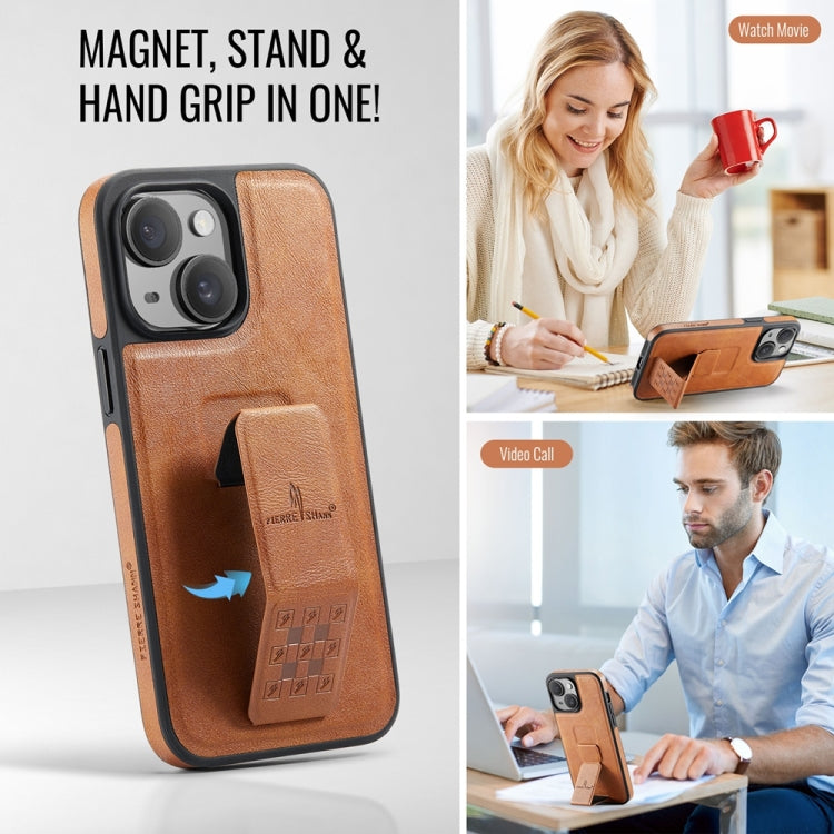 For iPhone 14 Fierre Shann Oil Wax Cow Leather Holder Back Phone Case(Brown) by FIERRE SHANN