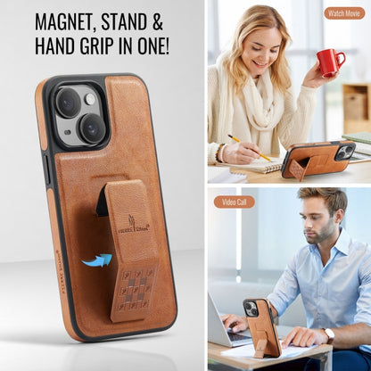 For iPhone 14 Fierre Shann Oil Wax Cow Leather Holder Back Phone Case(Brown) by FIERRE SHANN