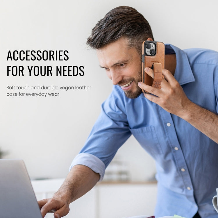 For iPhone 14 Fierre Shann Oil Wax Cow Leather Holder Back Phone Case(Brown) by FIERRE SHANN