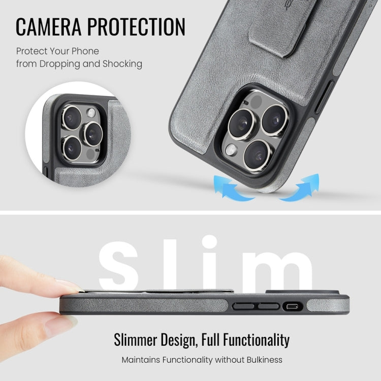 For iPhone 12 / 12 Pro Fierre Shann Oil Wax Cow Leather Holder Back Phone Case(Grey) by FIERRE SHANN