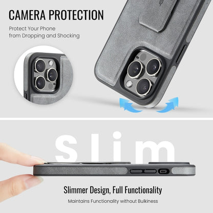 For iPhone 12 / 12 Pro Fierre Shann Oil Wax Cow Leather Holder Back Phone Case(Grey) by FIERRE SHANN