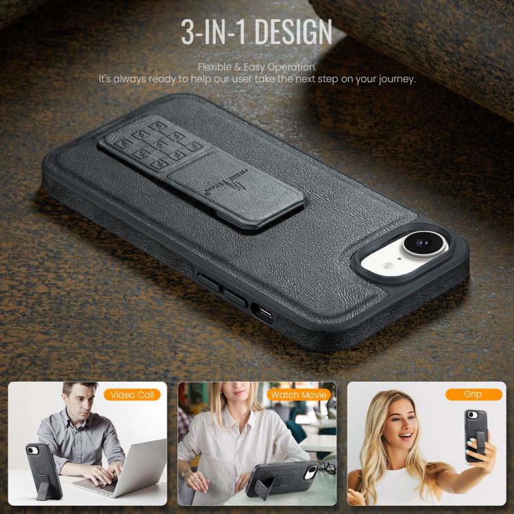 For iPhone 16e Fierre Shann Oil Wax Cow Leather Holder Back Phone Case(Black) by FIERRE SHANN