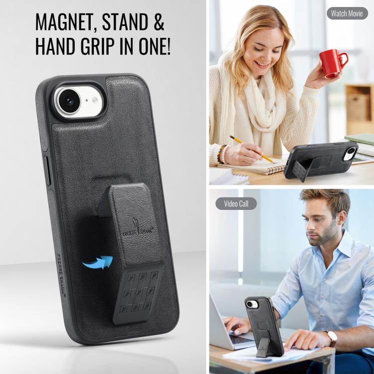 For iPhone 16e Fierre Shann Oil Wax Cow Leather Holder Back Phone Case(Black) by FIERRE SHANN