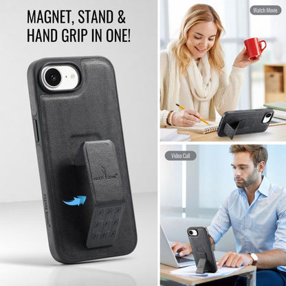 For iPhone 16e Fierre Shann Oil Wax Cow Leather Holder Back Phone Case(Black) by FIERRE SHANN