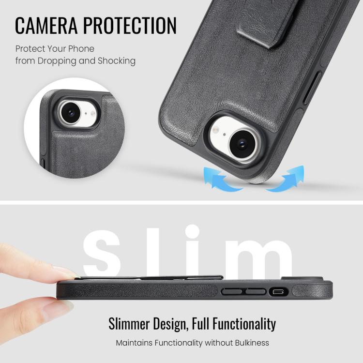 For iPhone 16e Fierre Shann Oil Wax Cow Leather Holder Back Phone Case(Black) by FIERRE SHANN