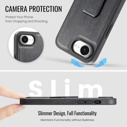 For iPhone 16e Fierre Shann Oil Wax Cow Leather Holder Back Phone Case(Black) by FIERRE SHANN