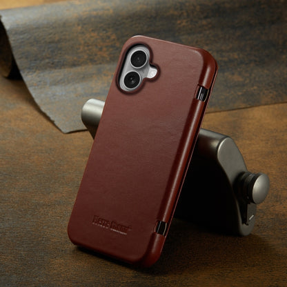For iPhone 16 Fierre Shann Top Layer Cowhide Business Magnetic Leather Phone Case(Brown) by FIERRE SHANN