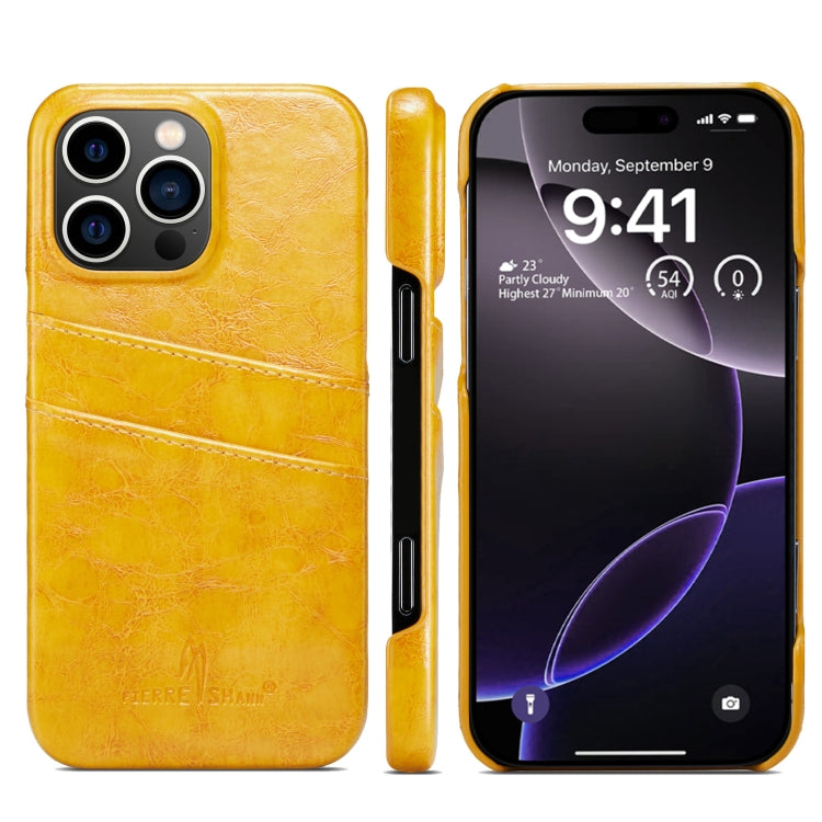 For iPhone 16 Pro Max Fierre Shann Retro Oil Wax Texture Card Slots PU Leather Phone Case(Yellow) by FIERRE SHANN