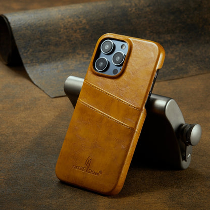 For iPhone 16 Pro Max Fierre Shann Retro Oil Wax Texture Card Slots PU Leather Phone Case(Yellow) by FIERRE SHANN