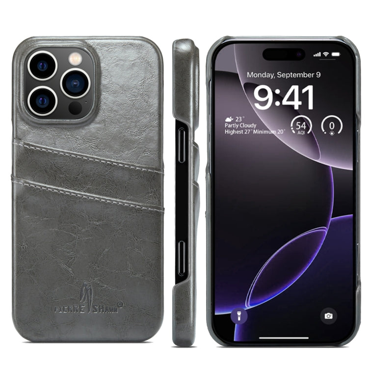 For iPhone 16 Pro Max Fierre Shann Retro Oil Wax Texture Card Slots PU Leather Phone Case(Grey) by FIERRE SHANN
