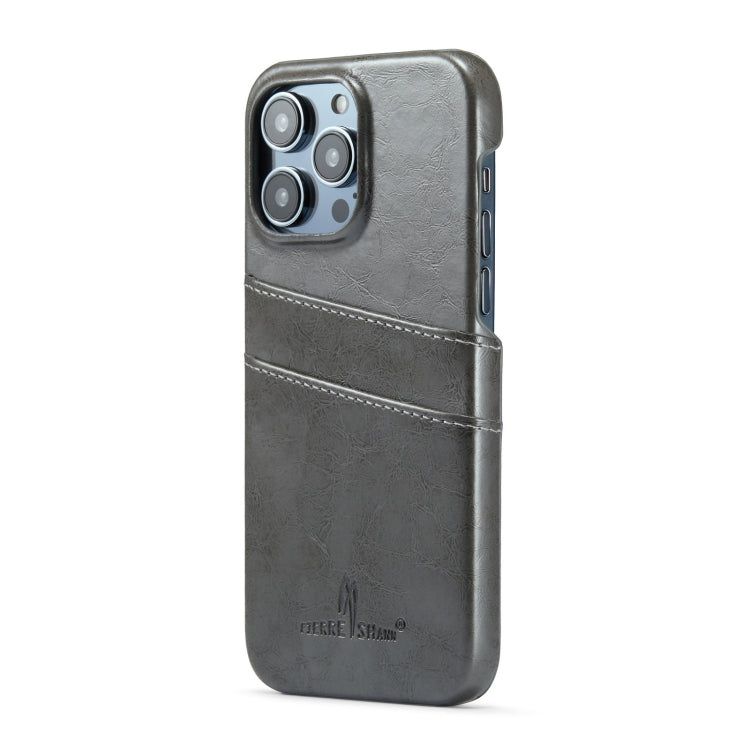 For iPhone 16 Pro Max Fierre Shann Retro Oil Wax Texture Card Slots PU Leather Phone Case(Grey) by FIERRE SHANN