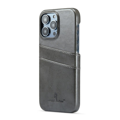 For iPhone 16 Pro Max Fierre Shann Retro Oil Wax Texture Card Slots PU Leather Phone Case(Grey) by FIERRE SHANN