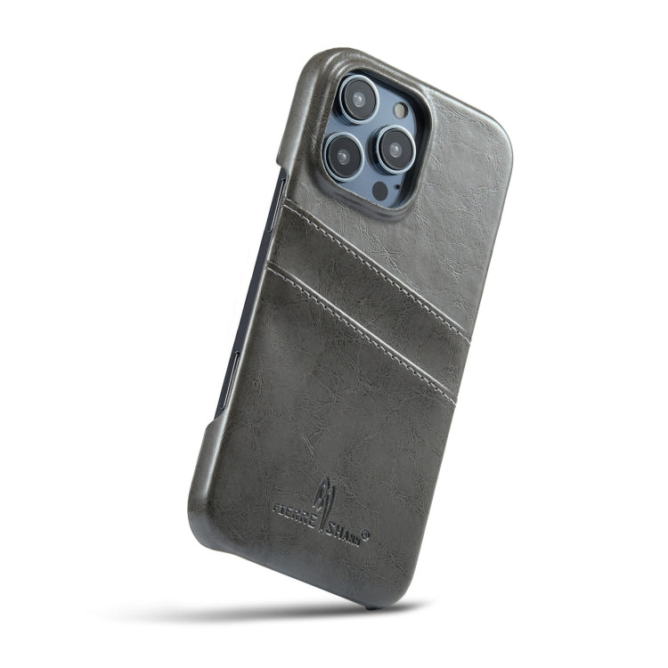 For iPhone 16 Pro Max Fierre Shann Retro Oil Wax Texture Card Slots PU Leather Phone Case(Grey) by FIERRE SHANN