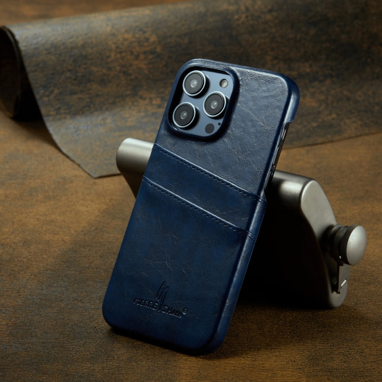 For iPhone 16 Pro Max Fierre Shann Retro Oil Wax Texture Card Slots PU Leather Phone Case(Blue) by FIERRE SHANN