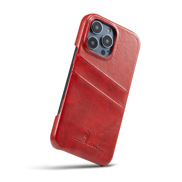 For iPhone 16 Pro Fierre Shann Retro Oil Wax Texture Card Slots PU Leather Phone Case(Red) by FIERRE SHANN