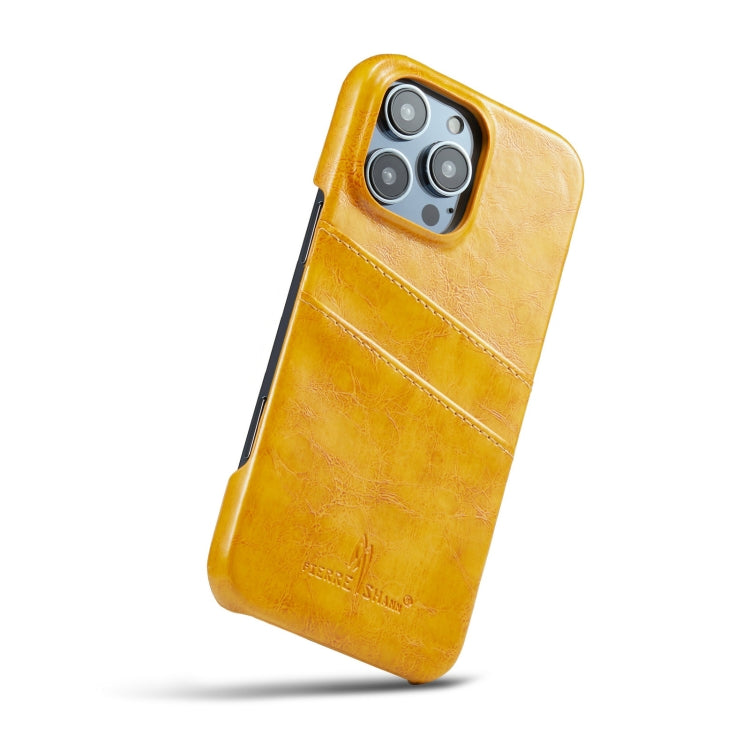 For iPhone 16 Pro Fierre Shann Retro Oil Wax Texture Card Slots PU Leather Phone Case(Yellow) by FIERRE SHANN